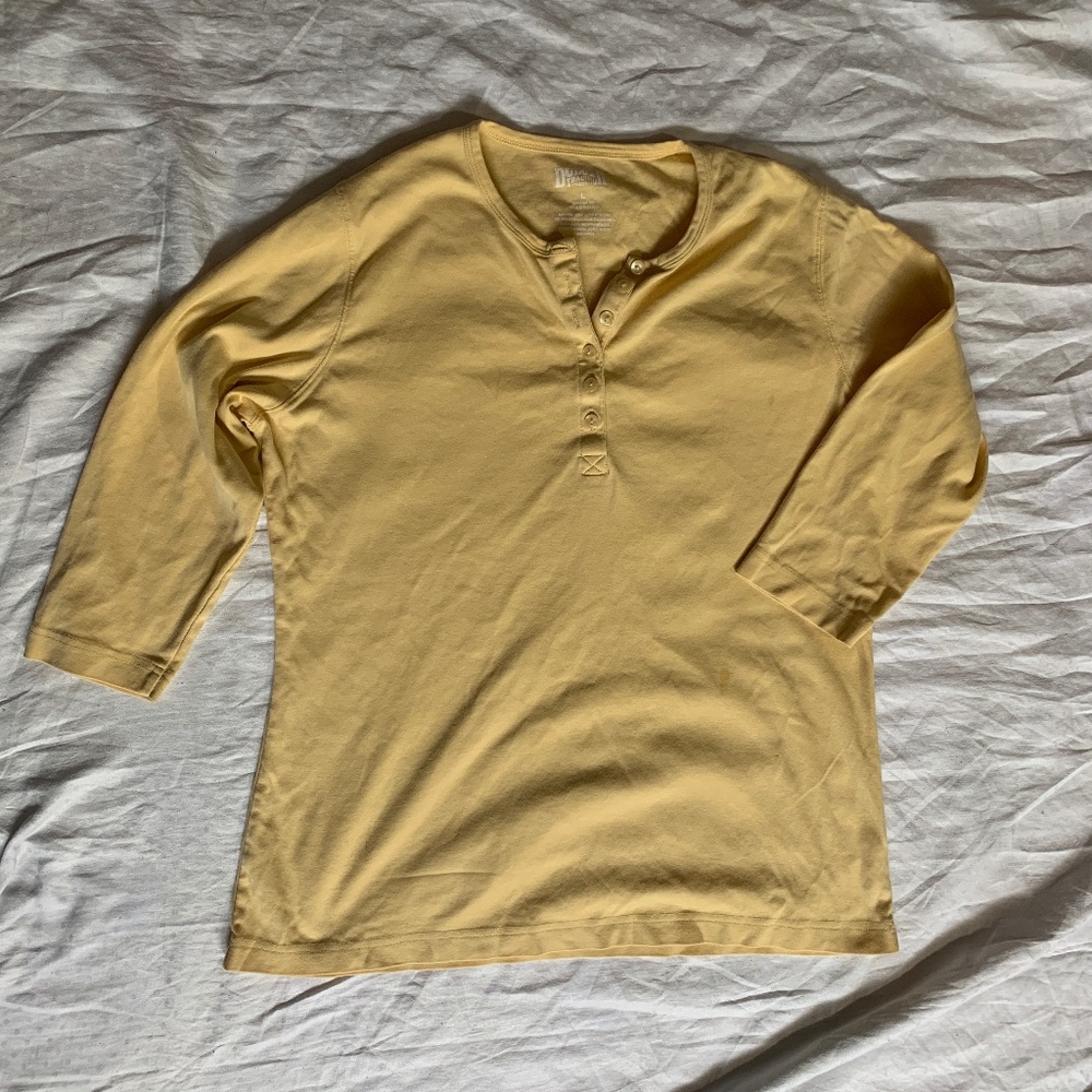 Duluth Trading Co. yellow button top, L, 100% cotton, scoop neck, 3/4 sleeves